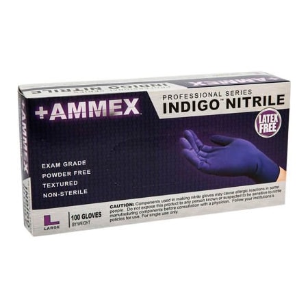 Ammex Disposable Gloves, 3 mil Palm, Nitrile, Powder-Free, L, Indigo AINPF46100